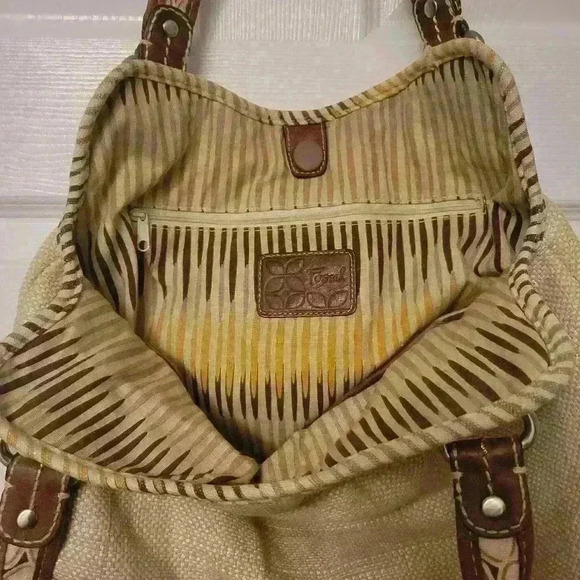 Fossil Cream Wicker Leather Straps Bohemian Purse Satchel Handbag Shoulder Bag - Picture 7 of 9